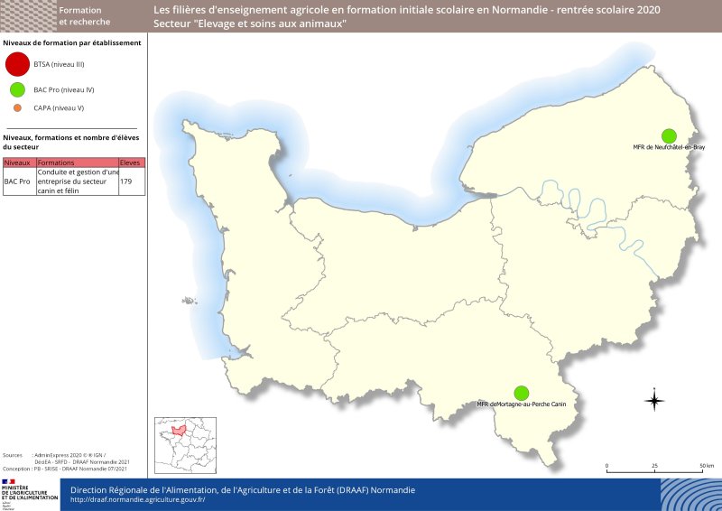 carte représentant le niveau de formation par établissement d'enseignement agricole - Secteur Elevage et soins des animaux à la rentrée 2020