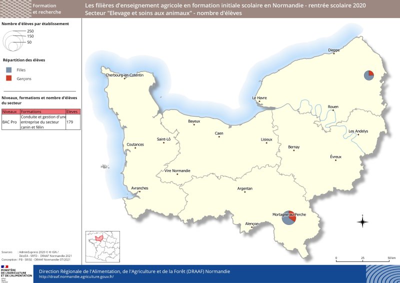 carte représentant le nombre d'élèves - répartition filles/garçons - Secteur Elevage et soins des animaux à la rentrée 2020