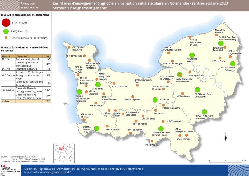 carte représentant le niveau de formation par établissement d'enseignement agricole - Secteur Enseignement général à la rentrée 2020