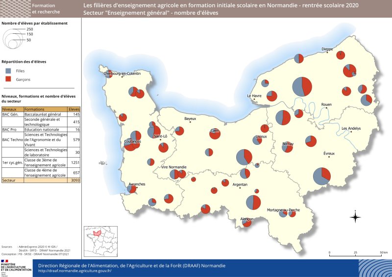 carte représentant le nombre d'élèves - répartition filles/garçons - Secteur Enseignement général à la rentrée 2020