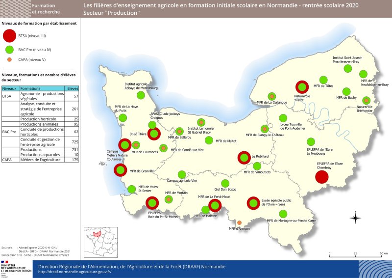 carte représentant le niveau de formation par établissement d'enseignement agricole - Secteur Production à la rentrée 2020