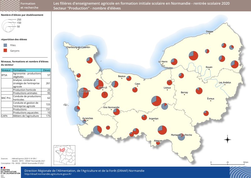 carte représentant le nombre d'élèves - répartition filles/garçons - Secteur Production à la rentrée 2020