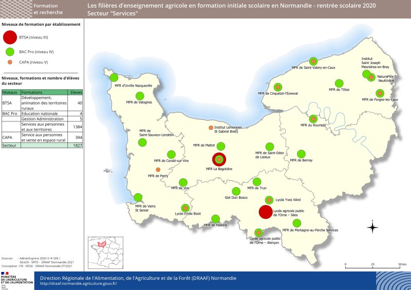 carte représentant le niveau de formation par établissement d'enseignement agricole - Secteur Services à la rentrée 2020