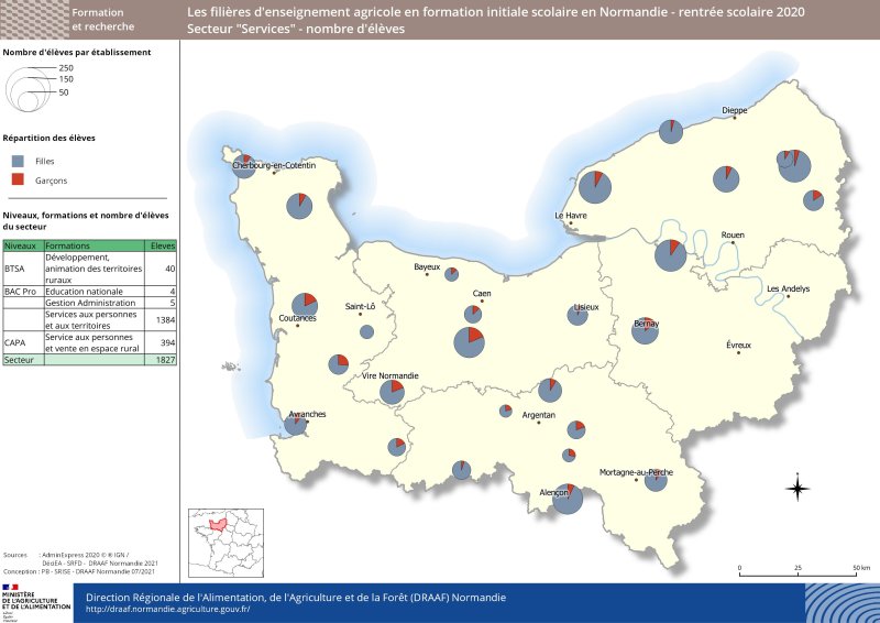 carte représentant le nombre d'élèves - répartition filles/garçons - Secteur Services à la rentrée 2020