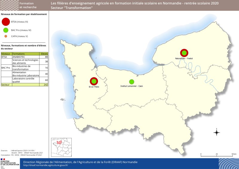 carte représentant le niveau de formation par établissement d'enseignement agricole - secteur transformation