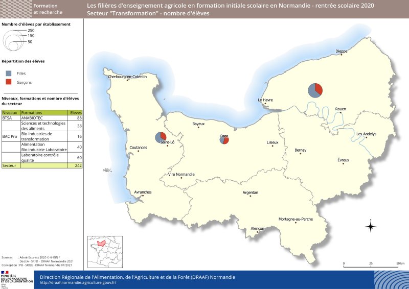 carte représentant le nombre d'élèves - répartition filles/garçons - secteur transformation