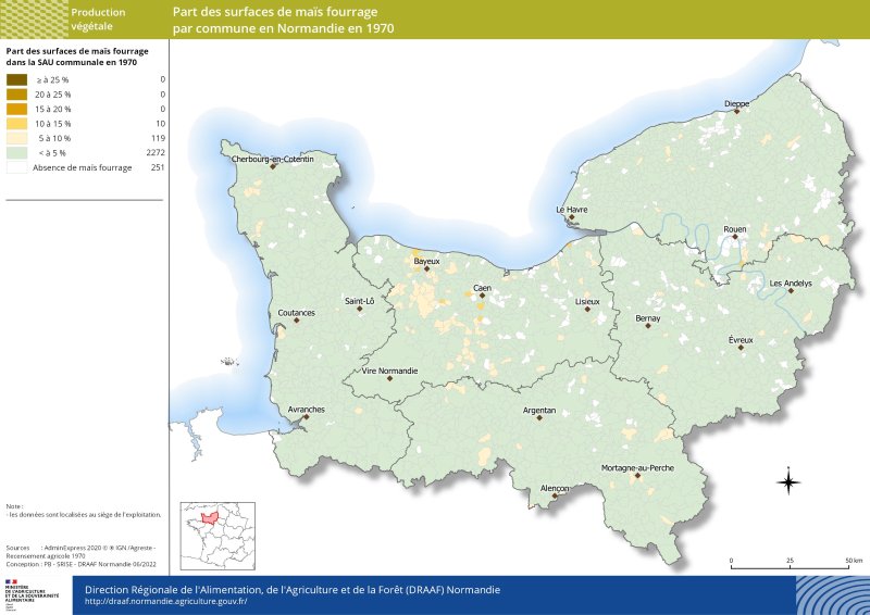 carte représentant la part des surfaces de maïs fourrage par commune en Normandie en 1970