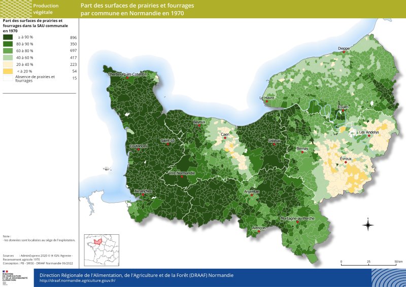 carte représentant la part des surfaces de prairies et fourrages par commune en Normandie en 1970