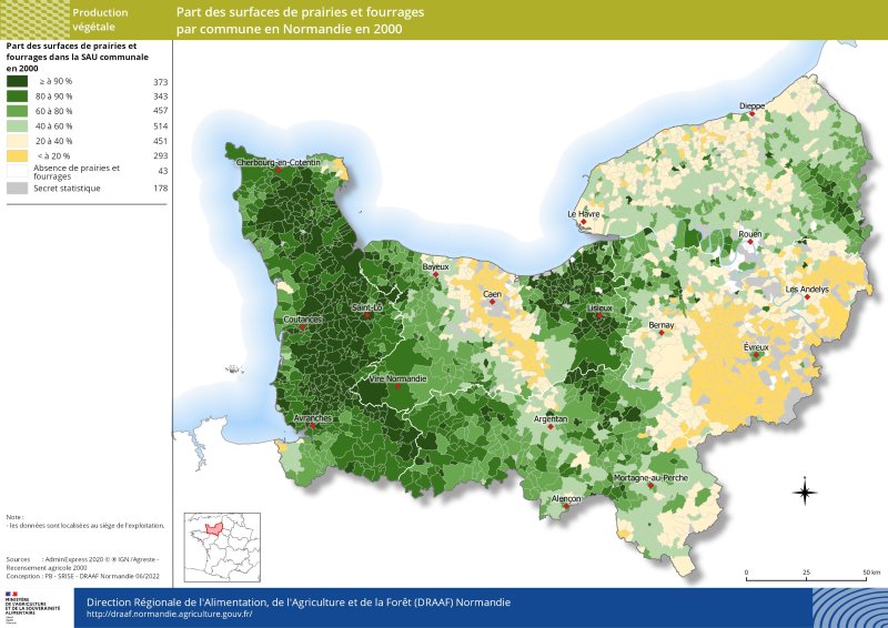 carte représentant la part des surfaces de prairies et fourrages par commune en Normandie en 2000