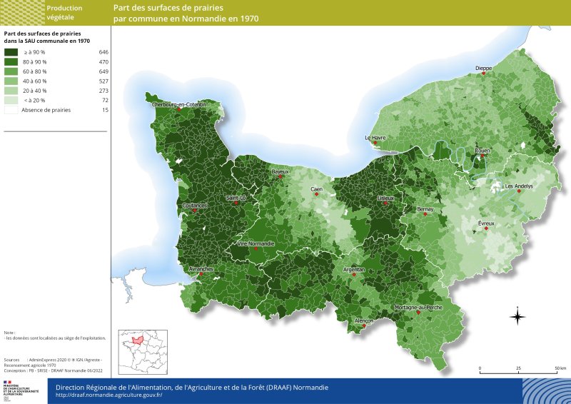 carte représentant la part des surfaces de prairies par commune en Normandie en 1970