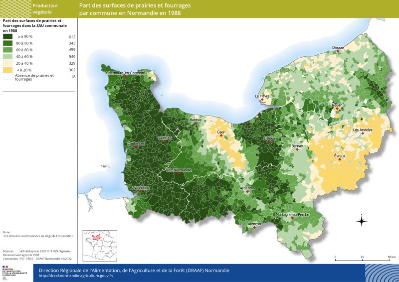 carte représentant la part des surfaces de prairies et fourrages par commune en Normandie en 1988