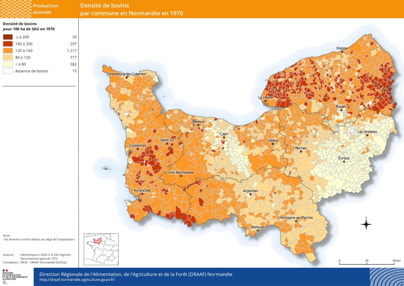 carte représentant la densité de bovins par commune en 1970