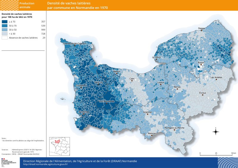 carte représentant la densité de vaches laitières par commune en 1970