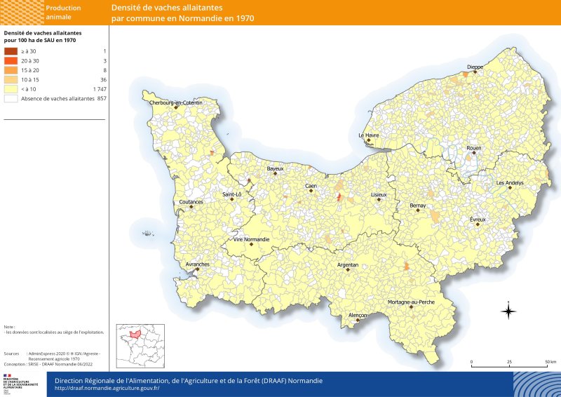 carte représentant la densité de vaches allaitantes par commune en 1970