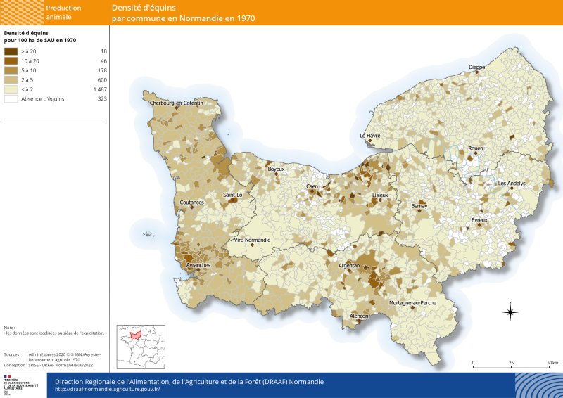 carte représentant la densité d'équins par commune en 1970