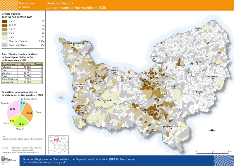 carte représentant la densité d'équins par commune en 2020