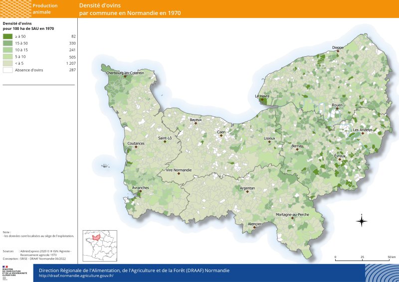 carte représentant la densité d'ovins par commune en 1970