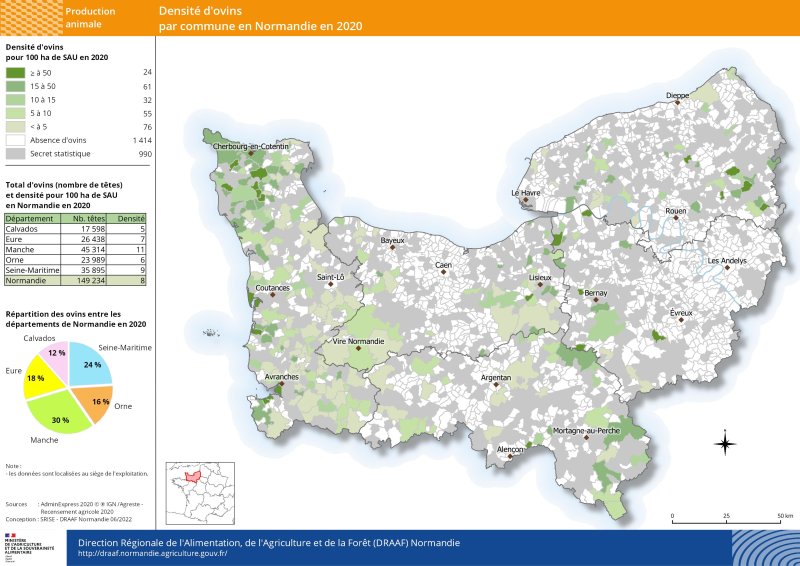 carte représentant la densité d'ovins par commune en 2020