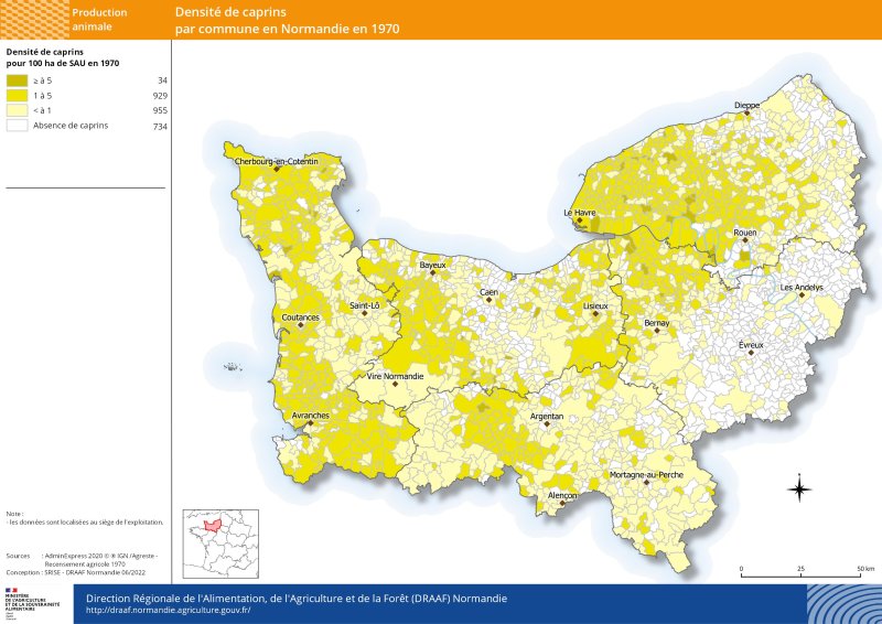 carte représentant la densité de caprins par commune en 1970