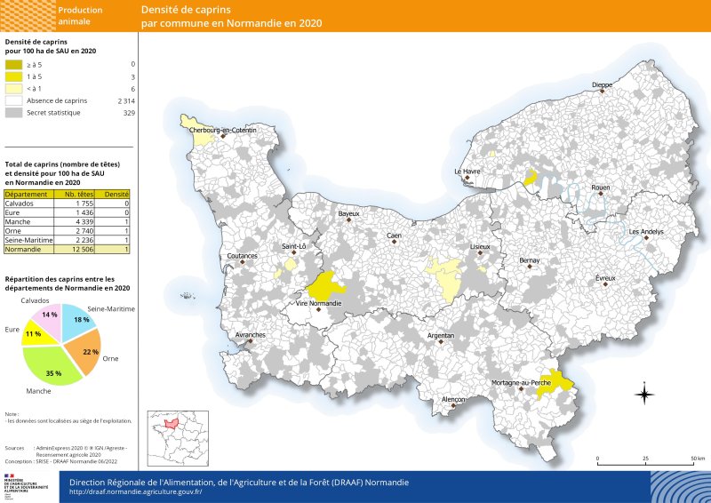 carte représentant la densité de caprins par commune en 2020