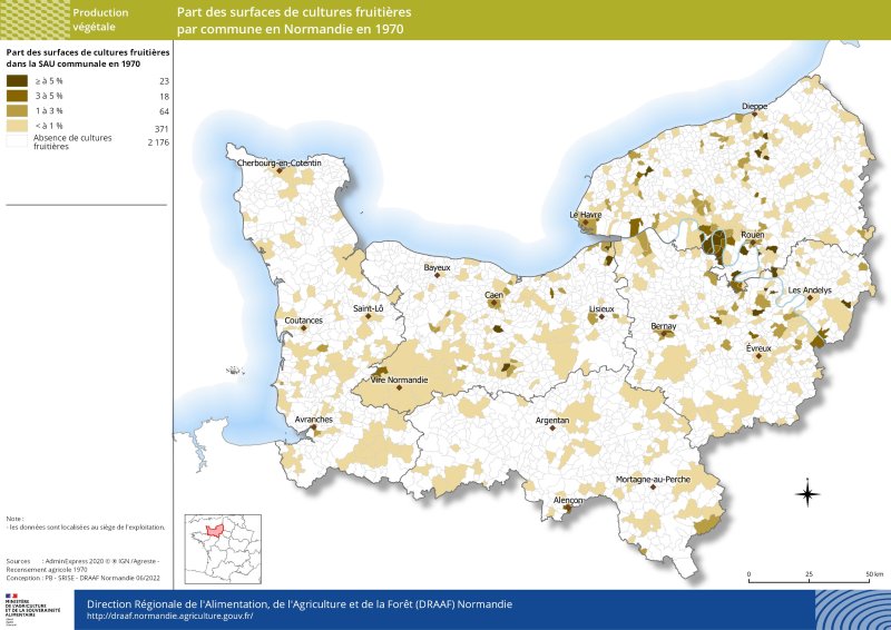 carte représentant la part des surfaces de cultures fruitières par commune en Normandie en 1970