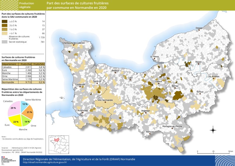 carte représentant la part des surfaces de cultures fruitières par commune en Normandie en 2020