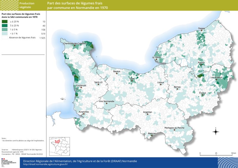 carte représentant la part des surfaces de légumes frais par commune en Normandie en 1970