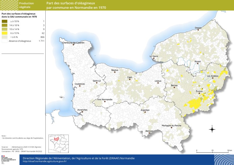 carte représentant la part des surfaces d'oléagineux par commune en Normandie en 1970