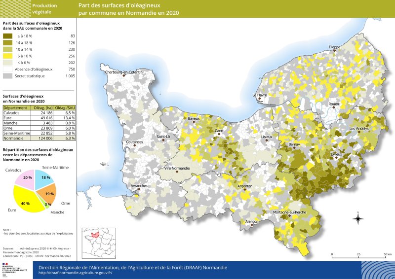 carte représentant la part des surfaces d'oléagineux par commune en Normandie en 2020