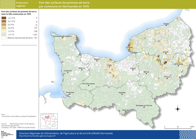 carte représentant la part des surfaces de pommes de terre par commune en Normandie en 1970