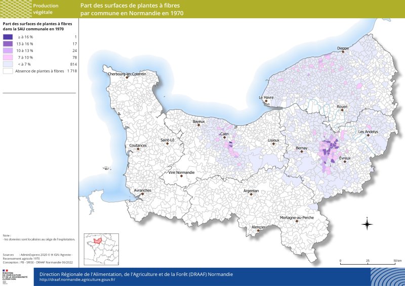 carte représentant la part des surfaces de plantes à fibres par commune en Normandie en 1970