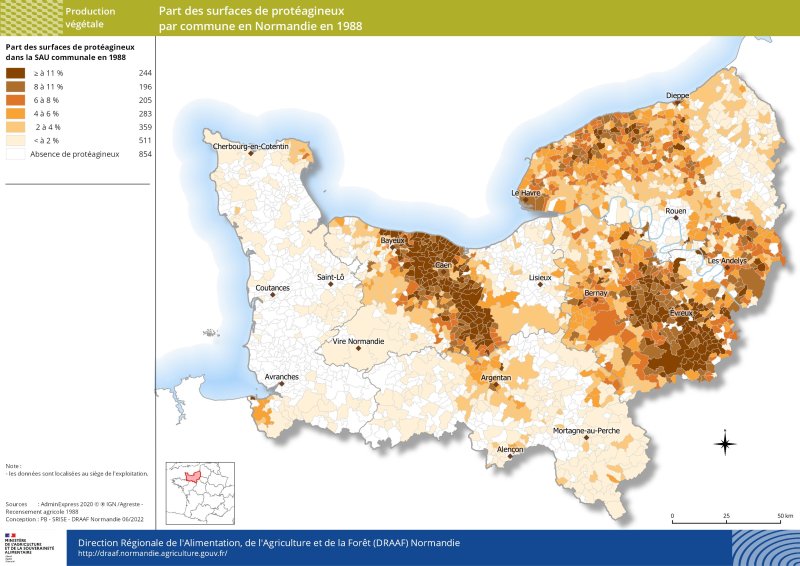 carte représentant la part des surfaces de protéagineux par commune en Normandie en 1988