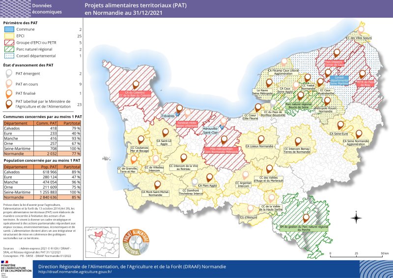 carte représentant les projets alimentaires territoriaux en Normandie au 31/12/2021