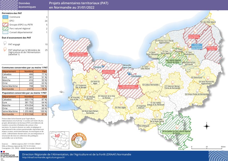 carte représentant les projets alimentaires territoriaux en Normandie au 31/01/2022