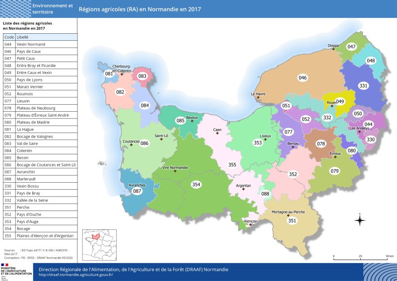 carte représentant les régions agricoles en Normandie en 2017