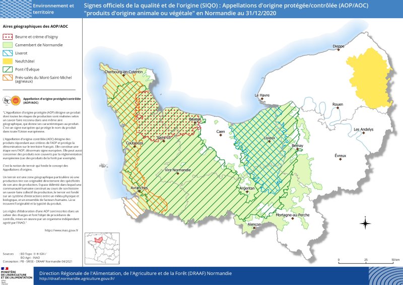 carte représentant les signes officiels de la qualité et de l'origine (SIQO) : Appellations d'origine protégée/contrôlée (AOP/AOC) "produits d'origine animale ou végétale" en Normandie au 31/12/2020