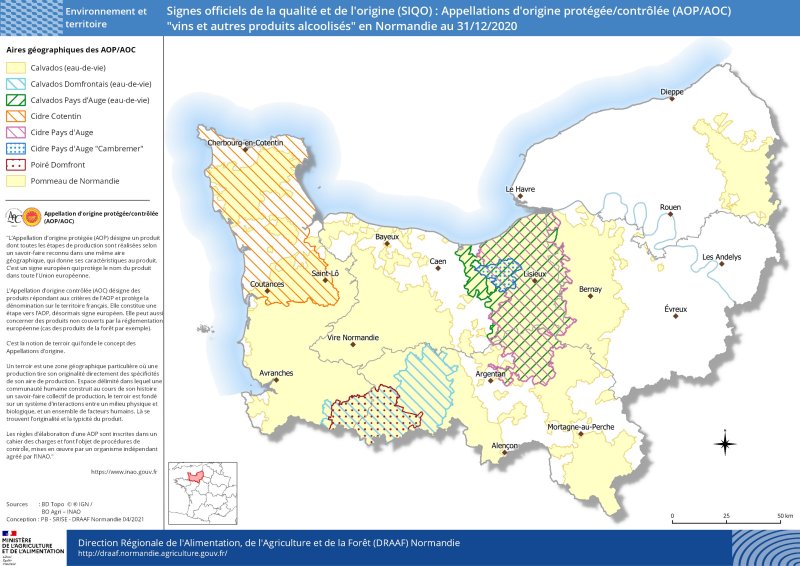 carte représentant les signes officiels de la qualité et de l'origine (SIQO) : Appellations d'origine protégée/contrôlée (AOP/AOC) "vins et autres produits alcoolisés" en Normandie au 31/12/2020