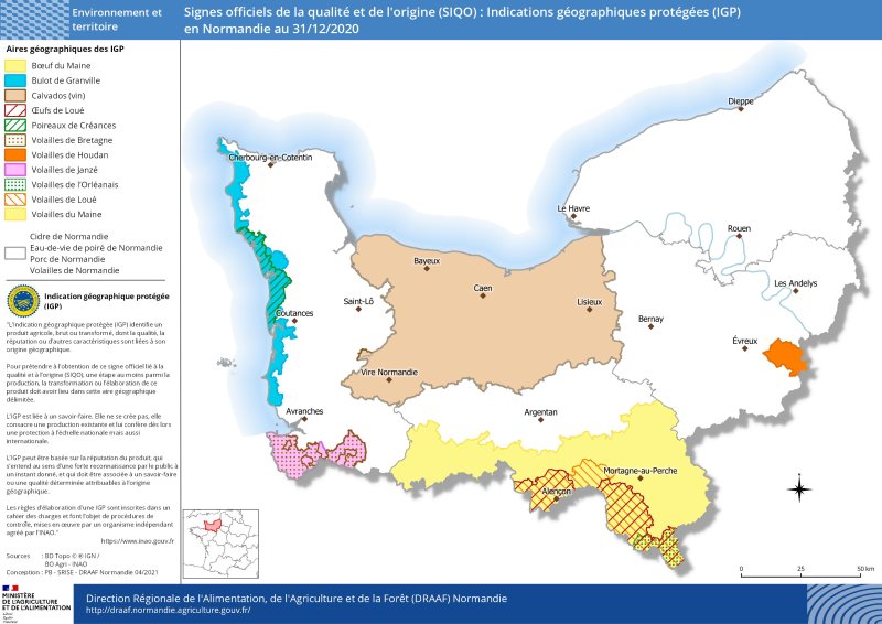 carte représentant les signes officiels de la qualité et de l'origine (SIQO) : Indications géographiques protégées (IGP) en Normandie au 31/12/2020