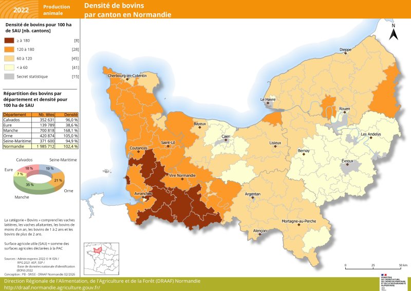 Carte repr&eacute;sentant la densit&eacute; de bovins par canton en Normandie en 2022