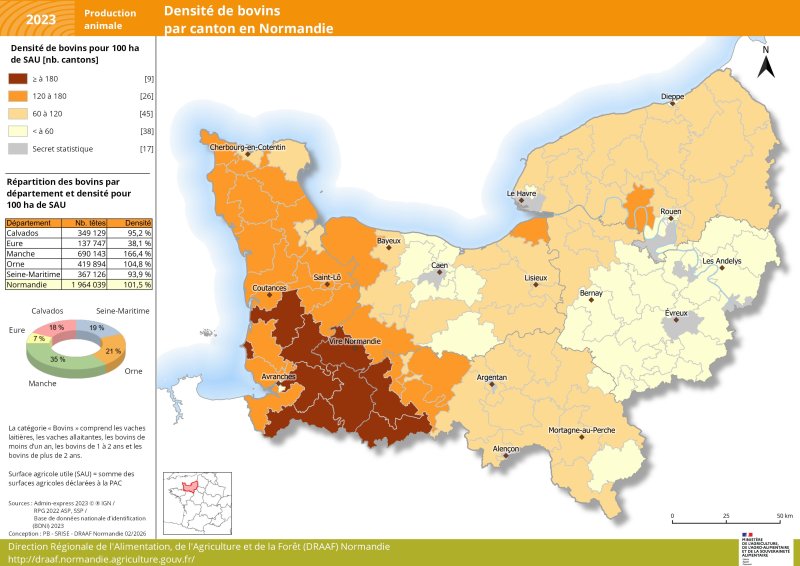 Carte repr&eacute;sentant la densit&eacute; de bovins par canton en Normandie en 2023