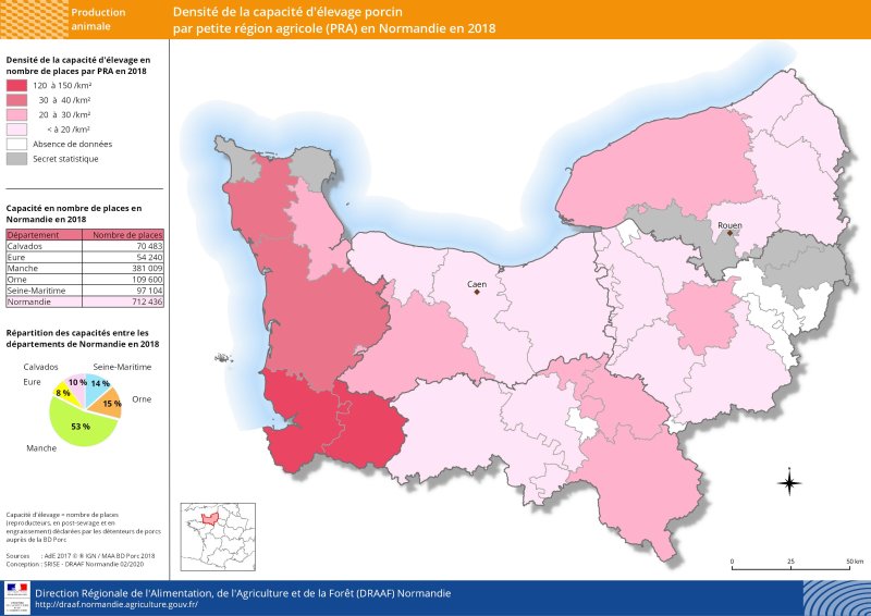 carte représentant la densité de la capacité des élevages porcins par petite région agricole (PRA) en Normandie en 2018