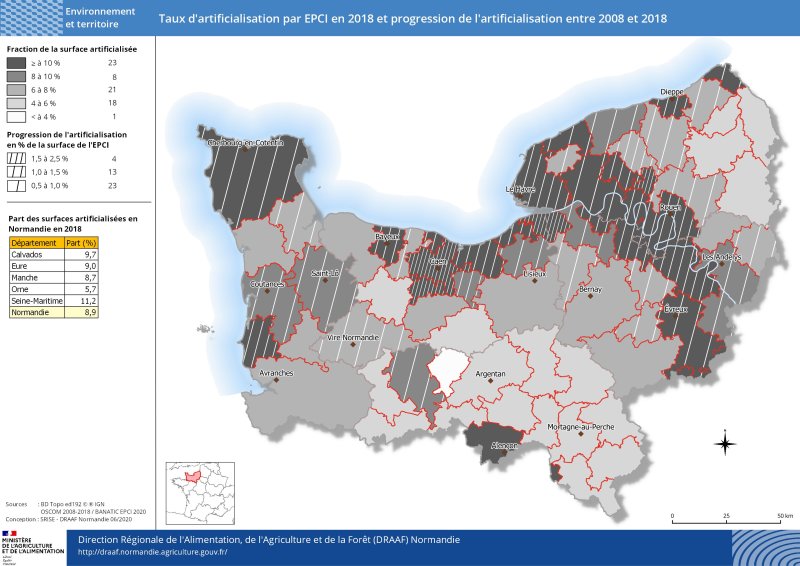 carte représentant le taux d'artificialisation par EPCI en 2018 et progression de l'artificialisation entre 2008 et 2018