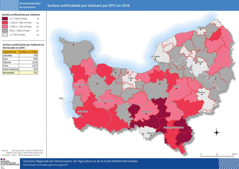 carte représentant la surface artificialisée par habitant par EPCI en 2016