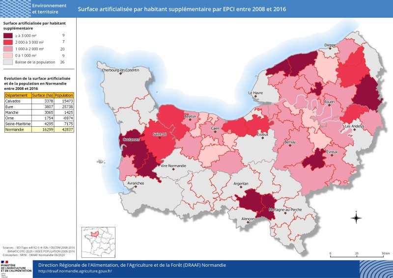 carte représentant la surface artificialisée par habitant supplémentaire par EPCI entre 2008 et 2016