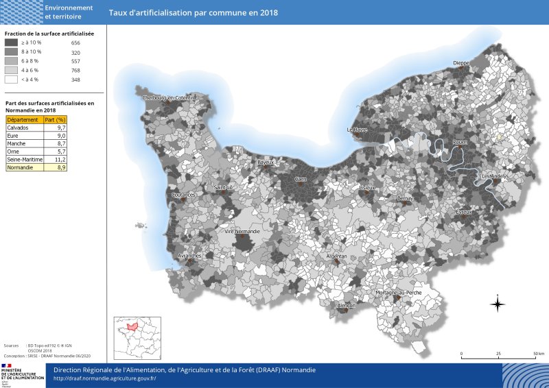 carte représentant le taux d'artificialisation par commune en 2018