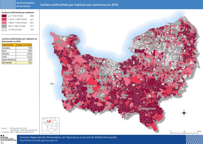 carte représentant la surface artificialisée par habitant par commune en 2016