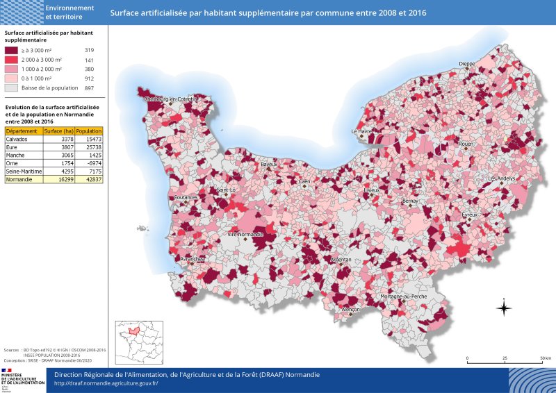 carte représentant la surface artificialisée par habitant supplémentaire par commune entre 2008 et 2016