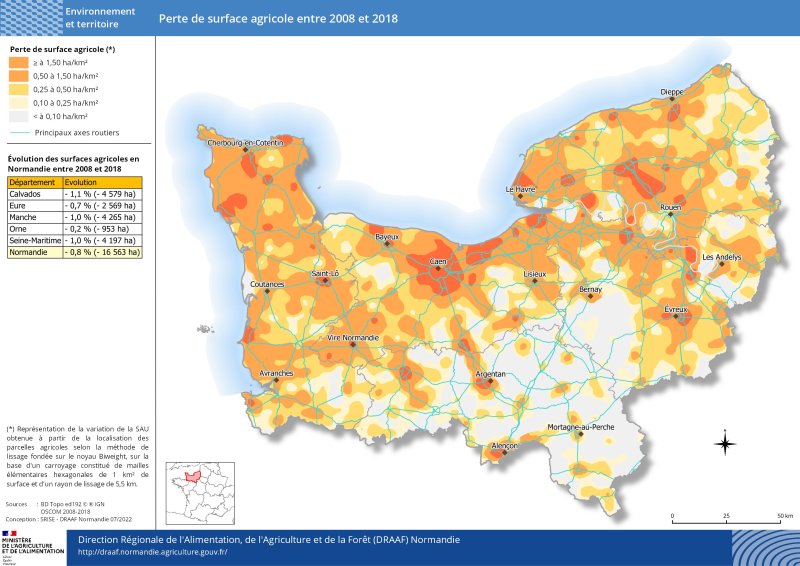 carte représentant la perte de surface agricole entre 2008 et 2018