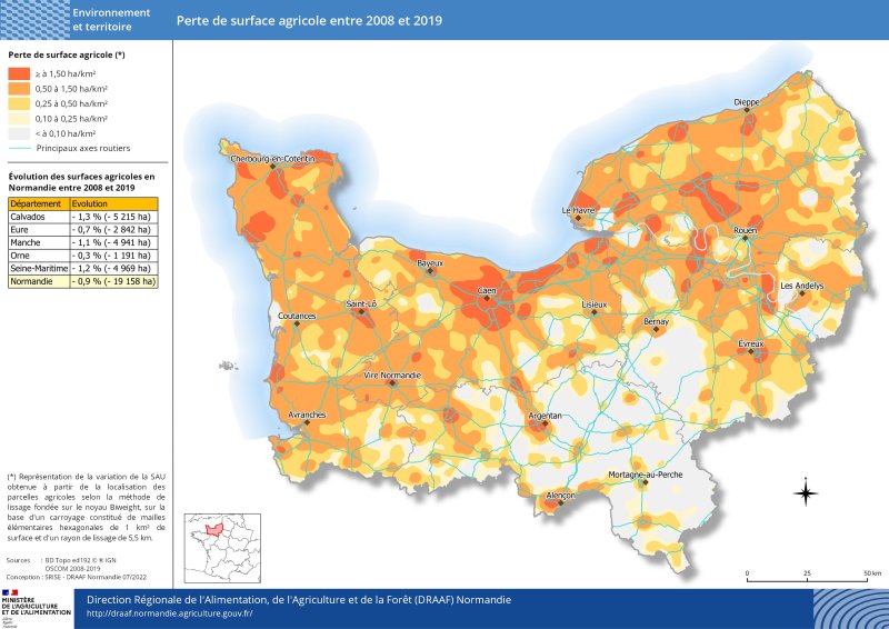 carte représentant la perte de surface agricole entre 2008 et 2019