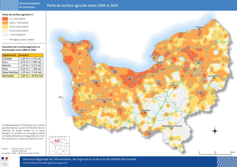 carte représentant la perte de surface agricole entre 2008 et 2020